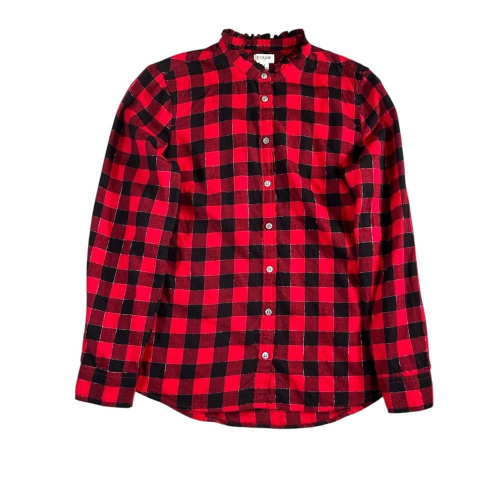 J.Crew Factory Red/Black Button-Front Flannel Top with Ruffled Collar Size Small